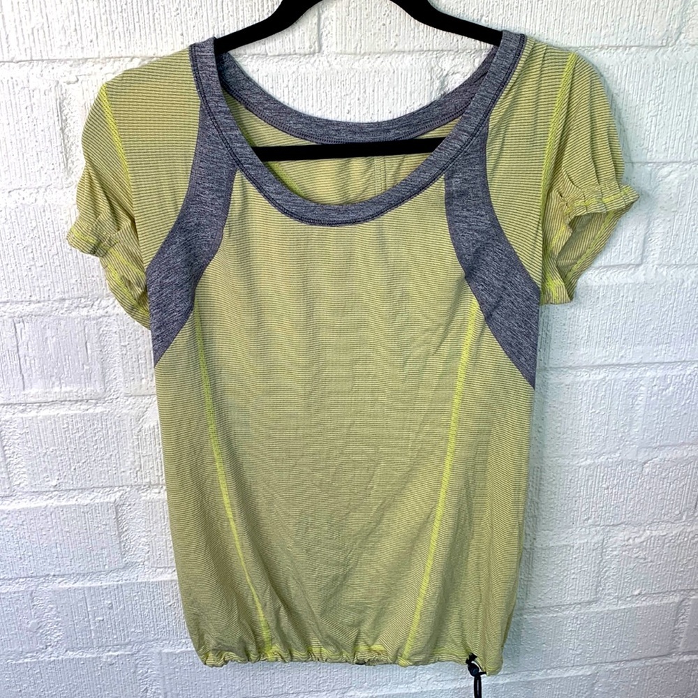 Lululemon Athletica Striped Neon Yellow Cinch Tie Short Sleeve Top size 10
